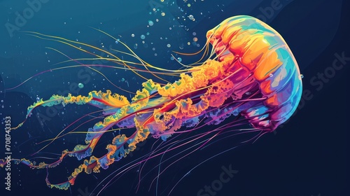  a colorful jellyfish floating in the water with bubbles on it's back and a blue background with bubbles on the bottom of the bottom of the jellyfish.