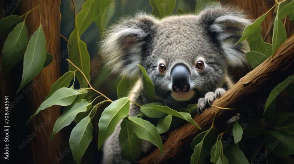 Fototapeta premium a painting of a koala sitting on a tree branch with leaves around it's neck and eyes wide open