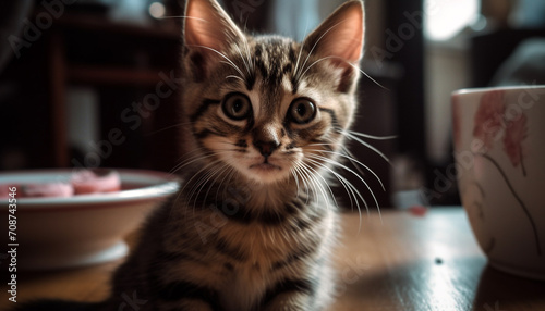 Cute kitten sitting, looking at camera with playful curiosity generated by AI