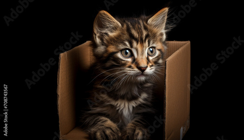 Cute kitten, small and fluffy, sitting, staring with curiosity generated by AI
