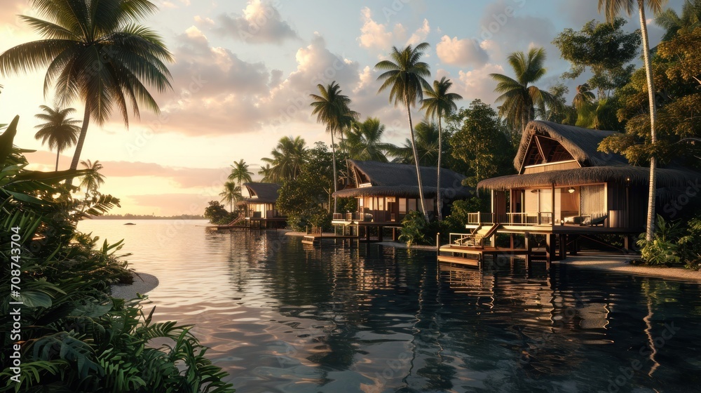  a large body of water surrounded by palm trees and a row of small houses next to a body of water surrounded by palm trees and a row of small huts.