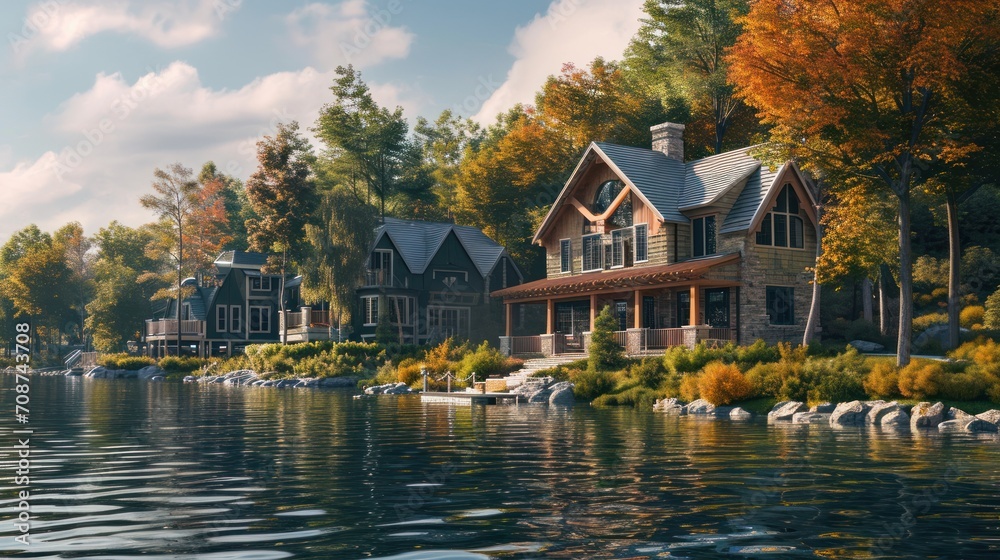 a painting of a house on the shore of a lake with a dock in the foreground and a row of houses on the other side of the lake in the background. a painting of a house on the shore of a lake with a dock in the foreground and a row of houses on the other side of the lake in the background.