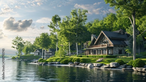  a painting of a house on the shore of a body of water with a dock in front of it and a row of trees on the other side of houses.