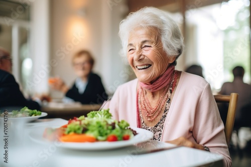 An elderly woman is enjoying her salad in a restaurant photo