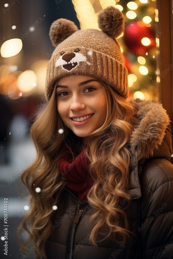 Happy young woman with winter clothes on city street