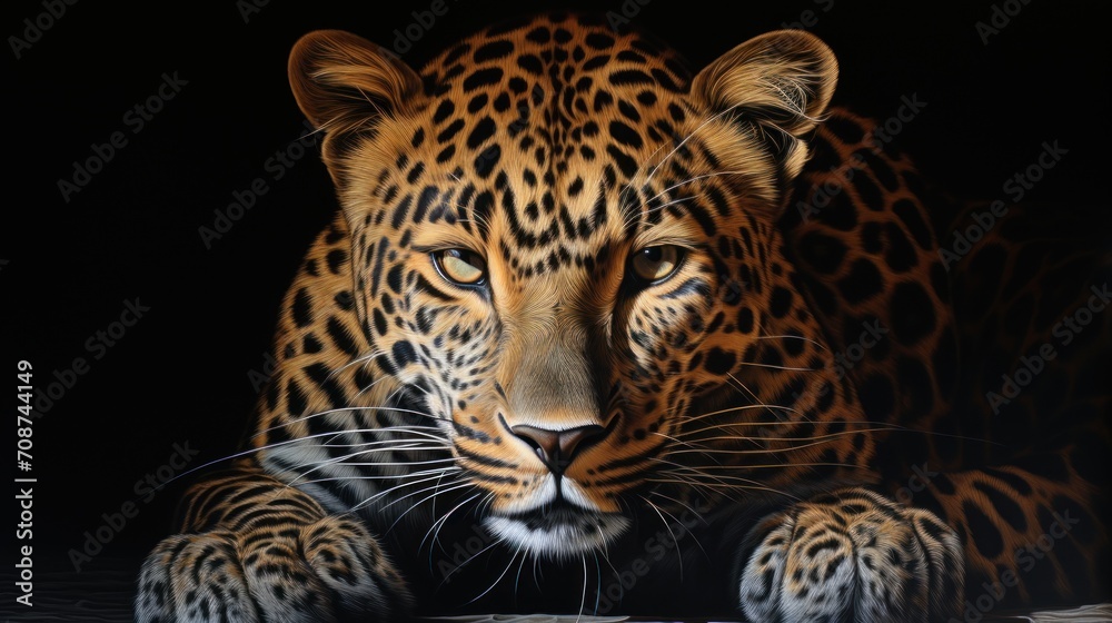 Obraz premium a painting of a leopard laying down with its eyes closed and one paw on the ground and one paw on the ground and the other side of the leopard's head.