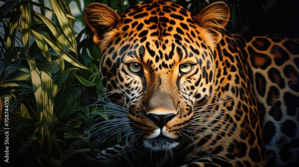  a painting of a leopard standing in front of a bush with leaves on it's sides and a blue eye in the center of the picture is looking at the camera.