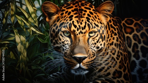  a painting of a leopard standing in front of a bush with leaves on it s sides and a blue eye in the center of the picture is looking at the camera.