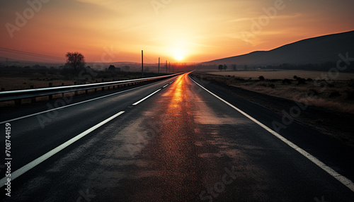 Sunset over the mountains, driving on empty road generated by AI © Gstudio