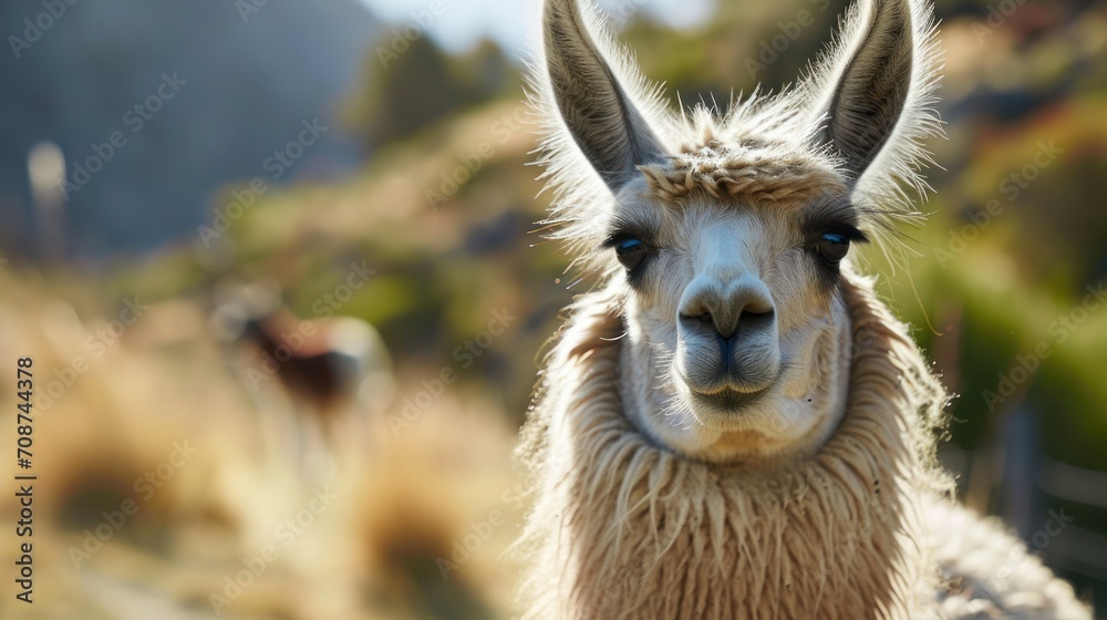  a close - up of a llama's face, with a blurry background of other llama's in the foreground and in the foreground.