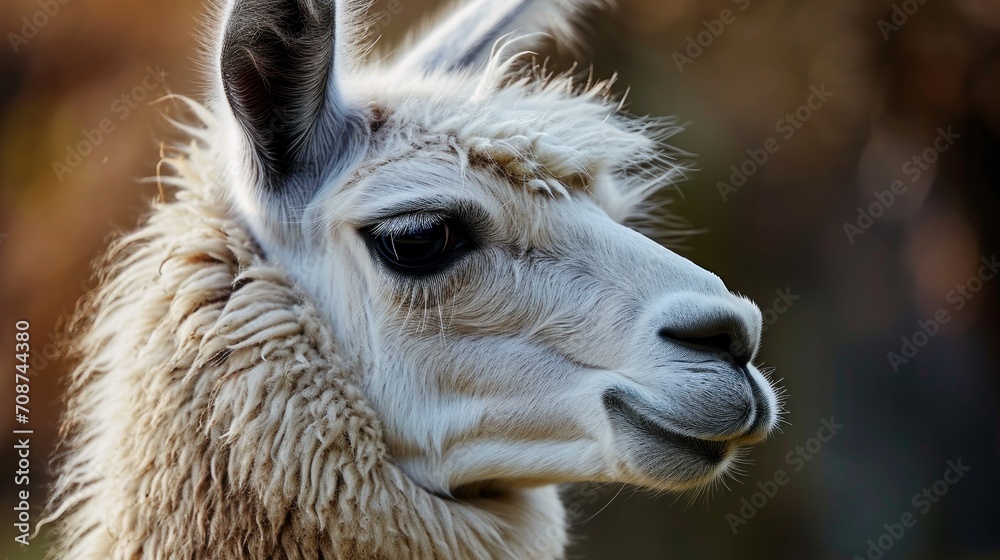  a close - up of a llama's face with a blurry background of grass and trees in the foreground, with a soft focus on the foreground.