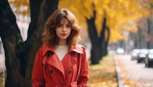Young woman in autumn, smiling, looking at camera generated by AI