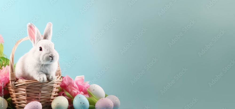 Fototapeta premium Cute Rabbit in basket with colorful Easter eggs. Festive bunny. Banner with copy space. For greeting card, invitation. postcard, poster, web design. Ideal for Easter celebrations. Blue background