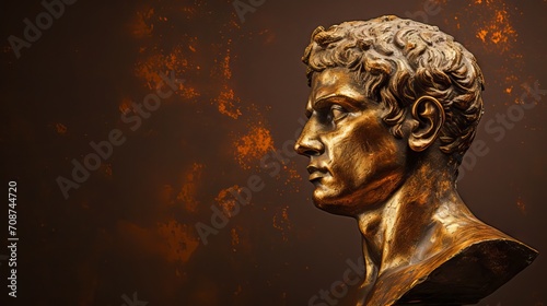 Gold antique statue of male head on a dark brown textured background. Ideal for contemporary art projects. Banner with copy space