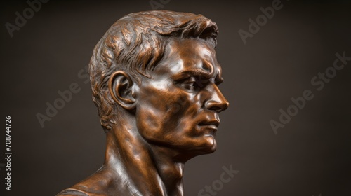 Bronze antique statue of male head on a dark background. Perfect for cultural and artistic representation.
