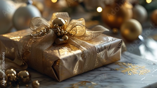  a gold wrapped present sitting on top of a table next to a christmas ornament and a christmas tree with gold baubs and lights in the background. photo