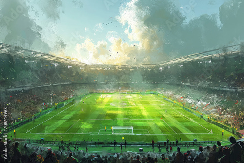 A digital abstract concept painting of an english football stadium during a match