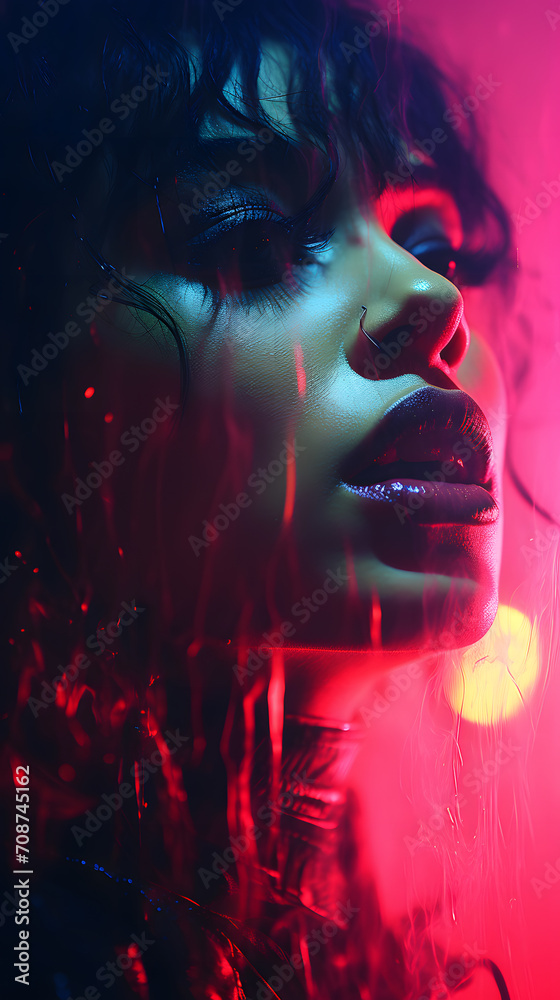 Neon Dreamer: Cyberpunk Portrait of a Beautiful Young Girl with Neon Makeup