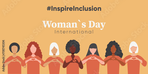International Women s Day banner vector. Inspire Inclusion slogan with hand drawn women character