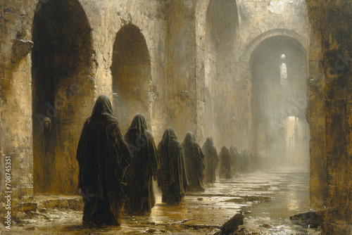 A neo classical style painting of Monks in an old Abbey in England photo