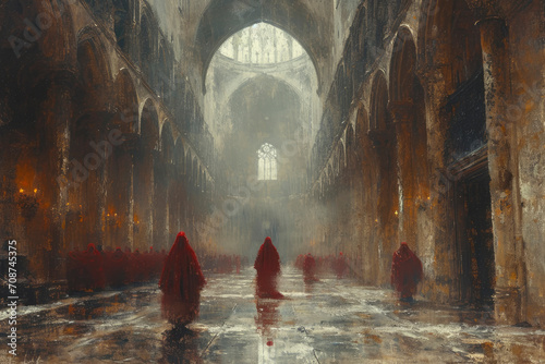 A neo classical style painting of Monks in an old Abbey in England photo