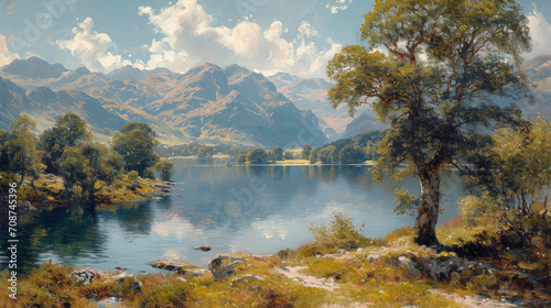 A classical style painting of a Mountain landscape view over a large lake in North England © miketea88