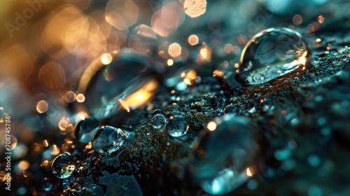  a close up shot of water droplets on a piece of black material with a blurry background of yellow and blue lights in the backrounds of the image. photo