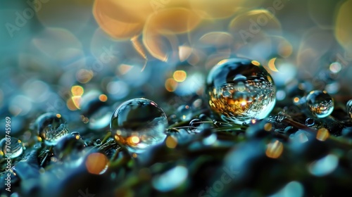  a bunch of water droplets sitting on top of a green grass covered in drops of water with a boke of light shining on the top of the droplet. © Anna