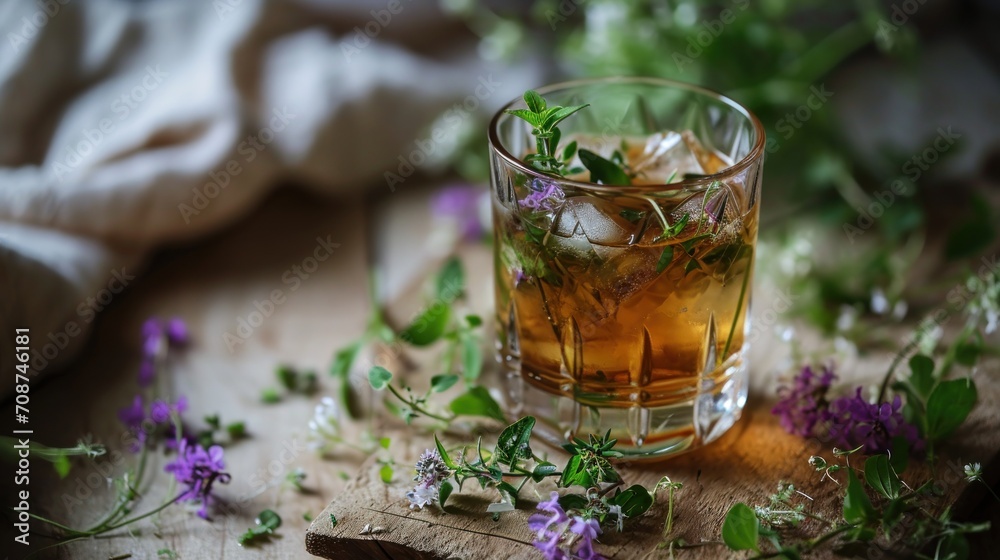  a glass of tea sitting on top of a wooden table next to a bunch of wildflowers and a cloth on top of a wooden table with a cloth.