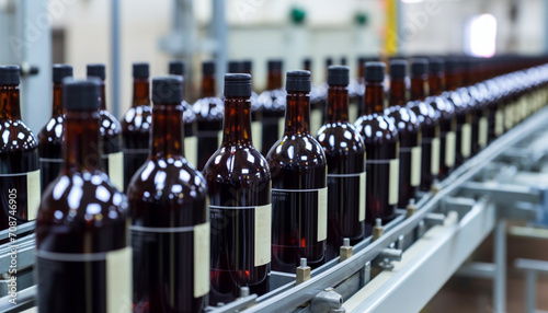 Bottling plant fills wine bottles with refreshing liquid generated by AI photo