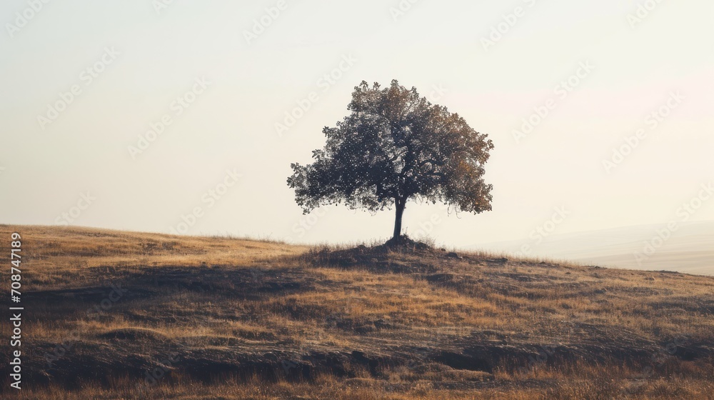  a lone tree sitting on top of a hill in the middle of a dry grass covered field with a hill in the distance in the distance is a foggy sky.