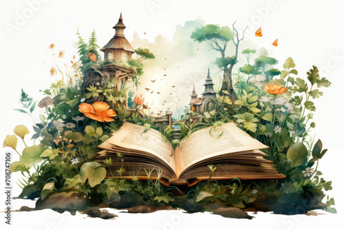 Drawing of a book on a white background surrounded by flowers, grass and houses