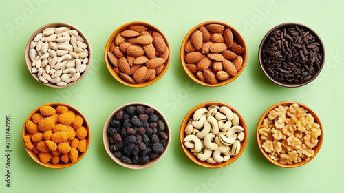 Top view of mixed nuts and dried fruits on a light green background. Bowls with peanuts, cashews, hazelnuts, almonds, pumpkin seeds, raisins, dried apricots. Healthy nutrition concept