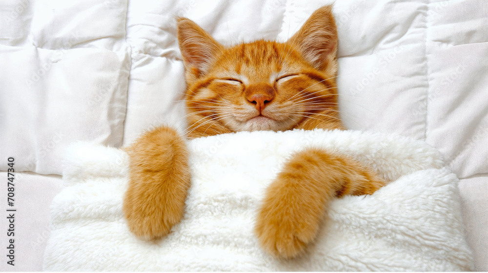 Orange tabby cat sleeping peacefully under a white fluffy blanket