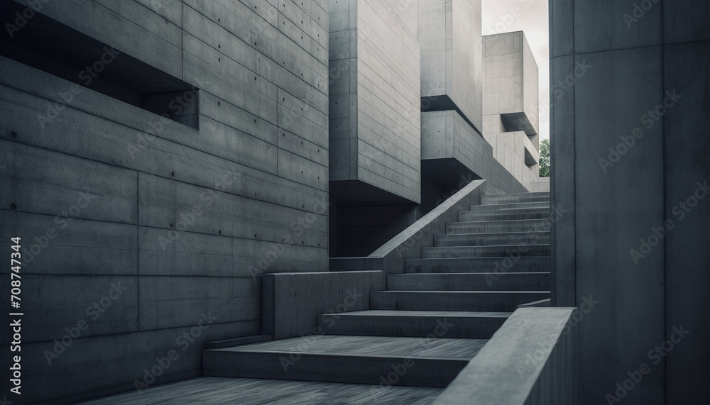 Fototapeta premium Modern staircase design in a concrete building, with clean geometric shapes generated by AI