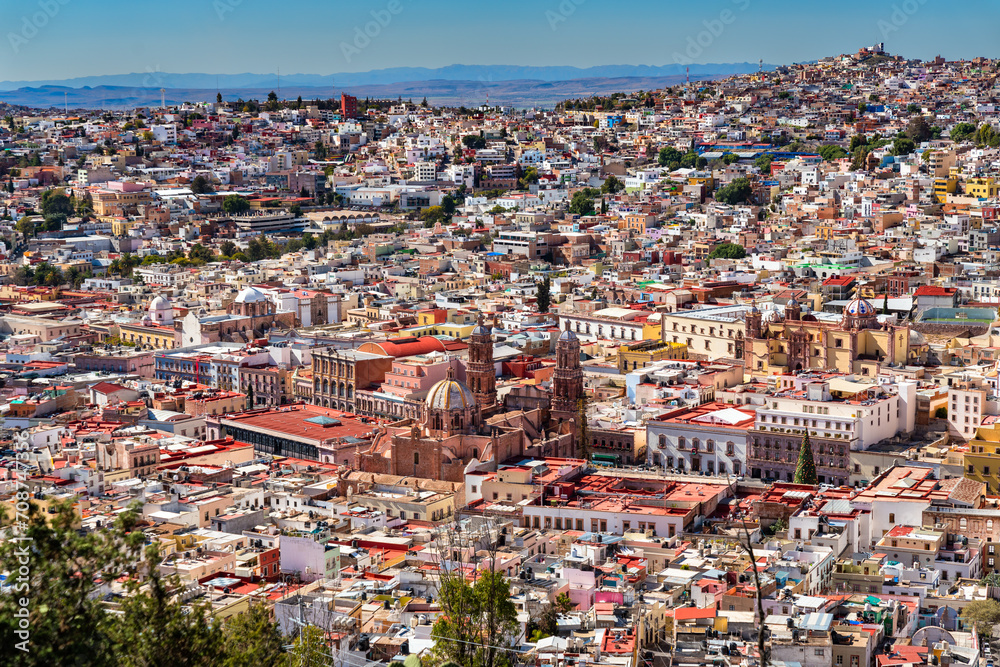 Aerial view of Zacatecas with its cathedral from Bufa Hill in Mexico
