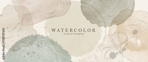Watercolor vector art background. Vintage wallpaper design with watercolor and silver lines for poster, cover design, invitation, flyer, note book, menu and design interior. Beige and earth tones.