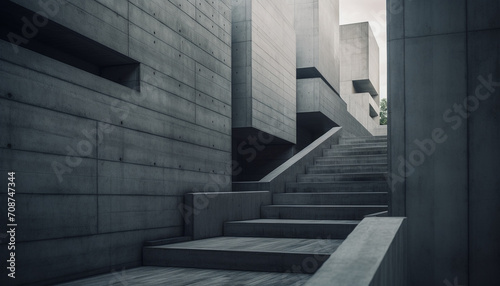 Modern staircase design in a concrete building, with clean geometric shapes generated by AI
