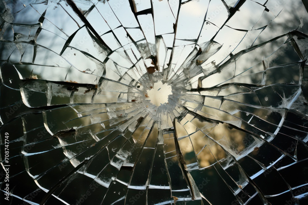 Obraz premium broken window glass with a hole from gun shot. Street violence. Broken windows theory. Visible signs of crime, antisocial behavior and civil disorder.