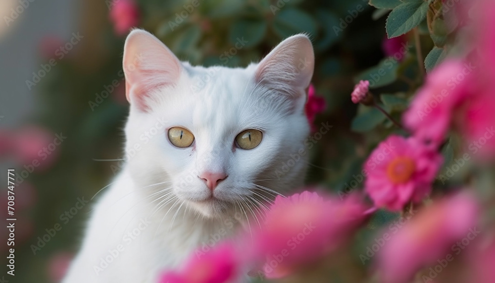 Cute kitten sitting in grass, staring at pink flower blossom generated by AI