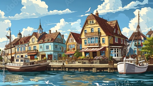  a painting of a city by the water with a boat in the foreground and houses on the other side of the water with a bird flying in the sky.