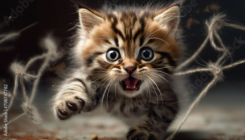 Cute kitten playing with toy, staring with playful eyes generated by AI