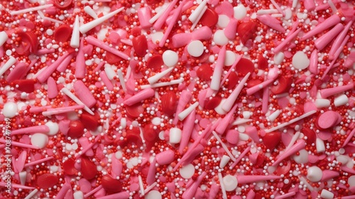 red white pink sprinkles on cream of dessert or cake closeup. valentines day, birthday, romantic anniversary sweet pastry texture closeup.