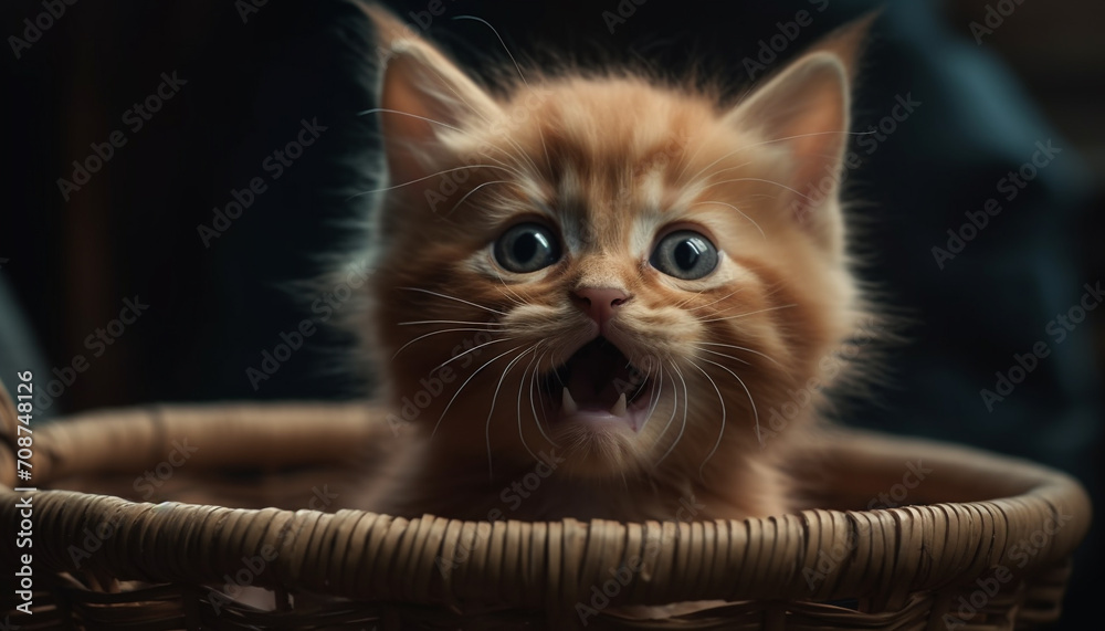 Fototapeta premium Cute kitten sitting, looking at camera, playful, fluffy, striped fur generated by AI
