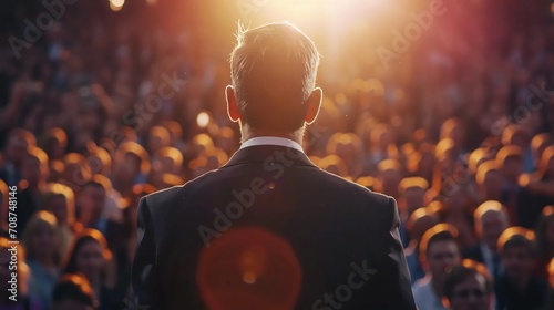 A man in a suit speaking in front of an audience photo
