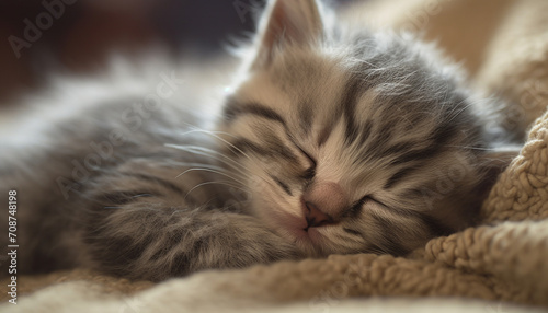 Cute kitten sleeping, fluffy fur, whiskers, feline relaxation, striped beauty generated by AI © Jeronimo Ramos
