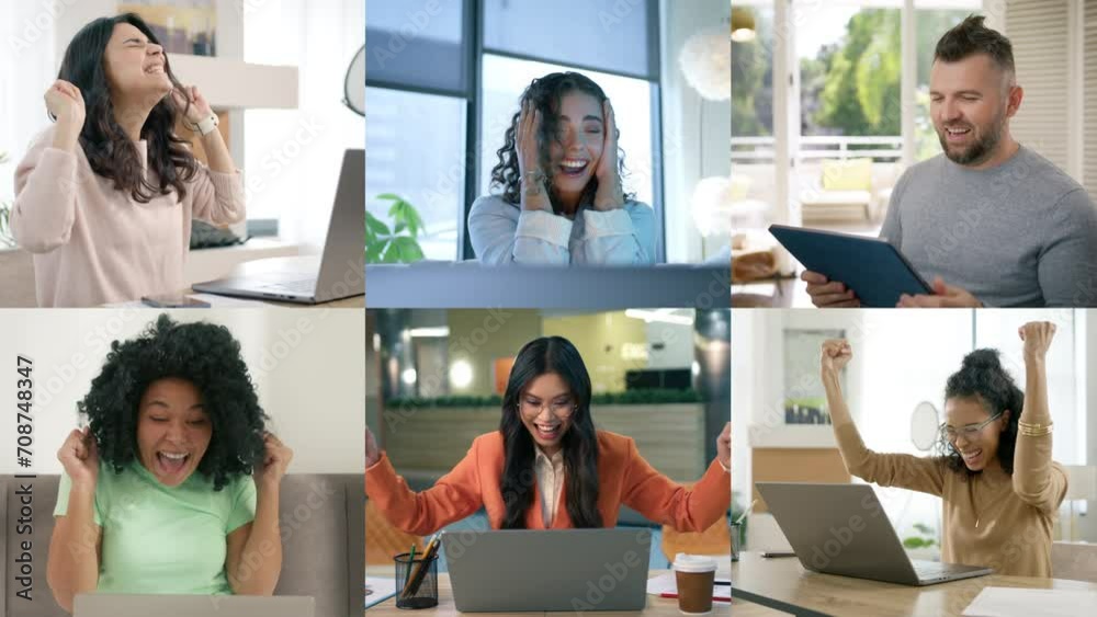 Collection with happy diverse women and man receiving great news in email on computer. Portraits collage excited smiling people using laptop devices. Modern devices technology, internet connection 4K