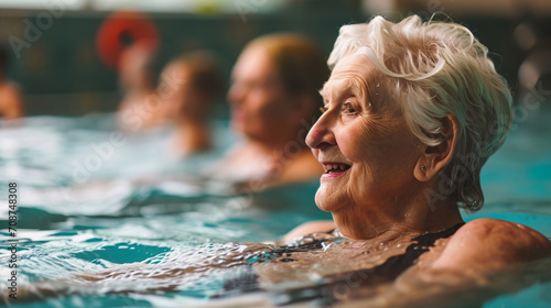 Portrait of smiling senior woman in swimming pool at leisure center on a sunny day photo
