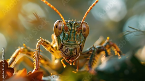  a close - up of a praying mantissa on a leafy branch with sunlight shining through the leaves and the head of the praying mantissafection mantissa. photo