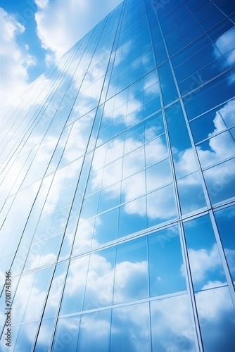 Blue glass skyscraper reflecting clouds